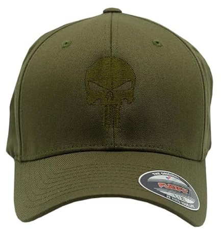 Café Viereck ® Unisex Cap Wooly Combed – Gestickt mit olivgrünem Punisher Zeichen – Olivgrüne Cap für Männer und Frauen - Größe S/M (54-56 cm)