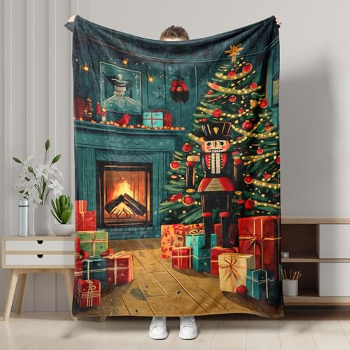 Christmas Nutcracker Fleece Throw Blanket, Green Cozy Holiday Decor for Bedding, Sofa, All Season, Vintage Style, Ideal for Xmas Comfort, Gifts 60x80 Inch