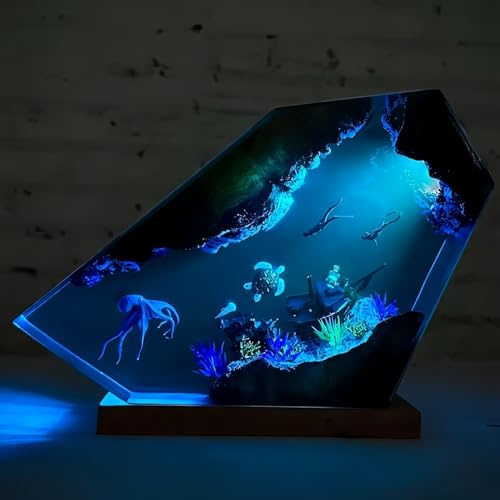 Drawelry 3D Epoxidharz Ozeanfigur Ornamente mit Holzsockel, LED Buntes Nachtlicht, Harz Ozean Tier Statue Hai Wale Pinguin Oktopus Figuren Skulptur Kunsthandwerk Mini Meere Aquarium Dekoration (B6, L)
