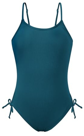 9-16T Girls Spaghetti Strap One Piece Swimsuits with Drawstring Solid Color Ribbed Swimwear Bathing Suit for Girls 9-16 Years Old
