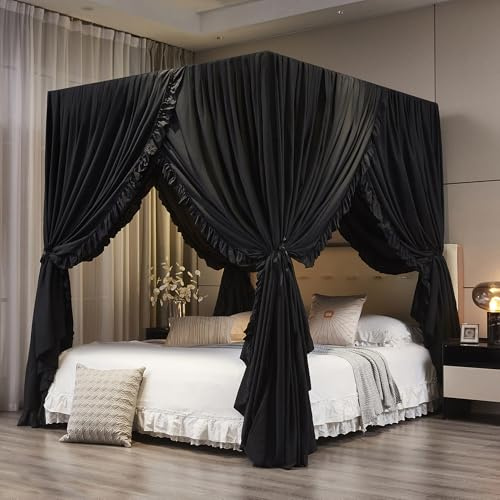 Mengersi Black Canopy Bed Curtains Queen Size,Royal Breathable Lightweight Private Space-Elegant Bed Curtains Bedroom Decoration Accessories for Adults