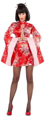 My Other Me - Disfraz para mujer adulto de Geisha con kimono y cinturón en rojo y rosa talla XS. Transpórtate a un mundo de elegancia y tradición oriental