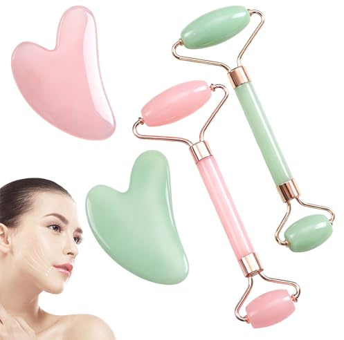 2 PCS Jade Roller and Gua Sha Set,Rose Quartz Roller and Gua Sha Stone,Face Roller Jade Roller for Women,Massage Tool for Face, Neck and Body Muscle Relaxing,Relieve Facial Tension(Pink,Green)