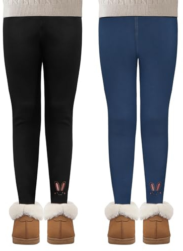 MASOCIO 2-pack termoleggings flickor fodrade leggings barn varma långa byxor storlek 104–158, Svart marinblå, 140-146