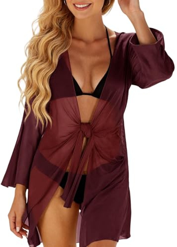 Saodimallsu Bikini Cover Up da donna, estivo, kimono, cardigan, lungo, in chiffon, costume da bagno, leggero, con laccetto, poncho da spiaggia, abito sexy da spiaggia, beachwear, rosso vivo, L