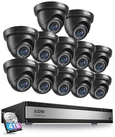ZOSI 1080p CCTV Kit Cámaras de Vigilancia Seguridad 16CH H.265+ Grabador DVR y 4TB Disco Duro con 12pcs 2MP Cámara Interior y Exterior, Visión Nocturna, Detección de Movimiento