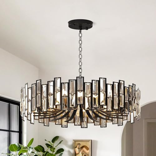 Homary Crystal Chandelier in Black, 10-Light Geometric Ceiling Pendant with Adjustable Chain, Elegant Light Fitting for Dining Room, Living Room, Bedroom (Black, 58cm Diam/10-Light)