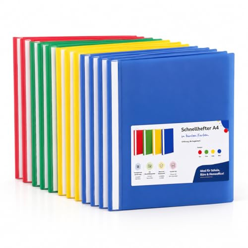 16 x mapp A4 – färgglad – röd, grön, gul, blå – med etikettfält – häftmappsorganisation – transparent framsida – plast – anteckningsmappar (1 x set (16 stycken))