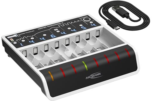 ANSMANN Snabbladdare med USB-port för 1 till 8 NiMH-batterier av Micro AAA och Cute AA, Comfort Professional 8
