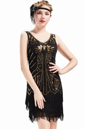 BABEYOND Años 20 Estilo Vintaje Vestido con Cuello en V Gatsby Disfraz Vestido con Flecos de Lentejuelas (Oro Negro, XL)