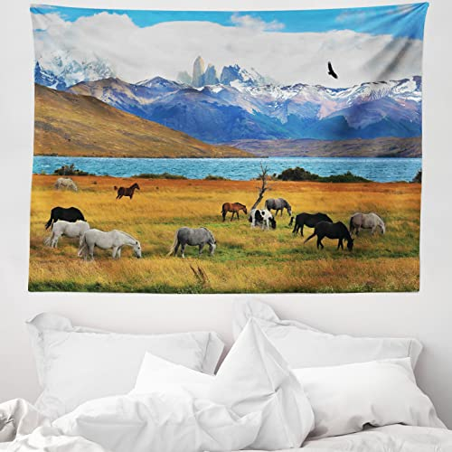 ABAKUHAUS Landschaft Wandteppich, Bauernhof-Pferd in den Bergen aus Weiches Mikrofaser Stoff Waschbar ohne Verblassen Digitaldruck, 150 x 110 cm, Aqua