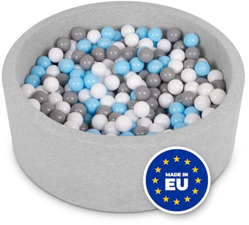 SELONIS Piscina Soffice per Bambini 90X30cm/200 Palline Rotonda, Grigio Ch:Bianco/Grigio/Azzurro