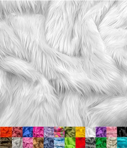 EOVEA Shaggy Faux Fur Fabric by The Yard - 18 X 60 Inch - Long Pile Fur - Fake Fur Materials - Soft & Fluffy Craft Fabric Supplies for DIY Arts & Crafts, Apparel, Costume, Rug(White,Half Yard)
