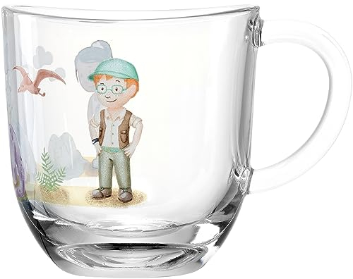 LEONARDO HOME Bambini Avventura Tasse mit Henkel für Kinder - Kinderbecher mit Motiv aus dickwandigem Glas - Inhalt 280 ml - mikrowellengeeignet, robust - Kindertasse mit Motiv Dino, 044424