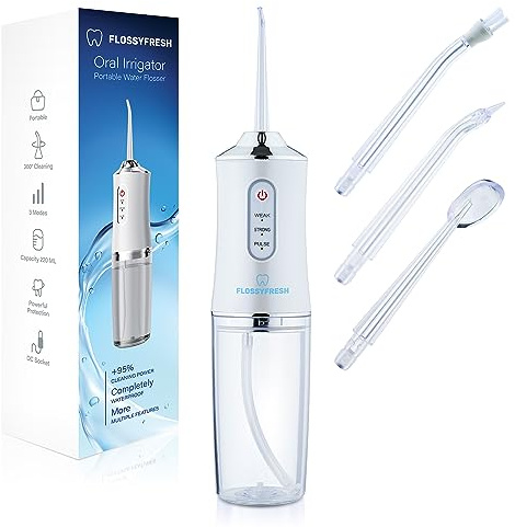 FlossyFresh Vattenflosser För Tänder, Munspolare, Sladdlös, Tar Bort Plack, Flossar 360°, 3 Driftlägen, 4 Munstycken, För Hemmabruk, USB-Uppladdningsbar, Resvänlig