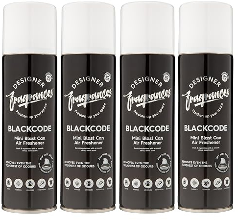 Designer Fragrances 4 Pack Blackcode Air Freshener Blast Cans - For Home & Vehicles – Natural Oils, Luxury Lasting Smell, Dry Mist Quick Release Spray – Deodorise & Neutralise Odours – 300ml