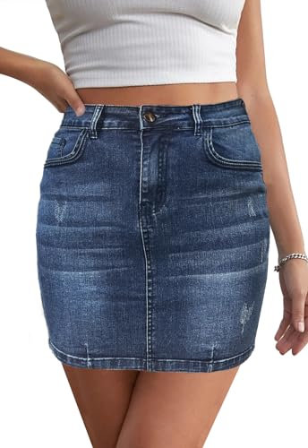 Jayscreate Damen Jeansrock Sommer Minirock Eng Mit Tasche Hüft A-Linie Rock Mit Taschensaum Und Fransen, Blau, M