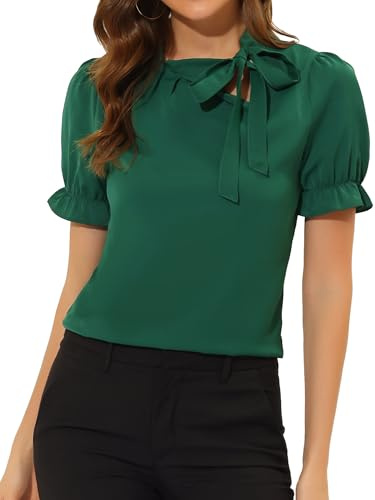 Allegra K Blusas Elegantes Mujer con Lazos, Camisas Cuello Pajarita, Top de Manga Corta Oficina | Manga abombada, ligera, elegante, casual, para entrevistas de trabajo, para primavera y verano
