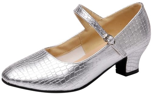 BININBOX Zapatos Bailarinas Mujer Vestir Piel Zapatos Mary Jane de Tacón de Baile Latino Merceditas Mujer tacón (Plateado, Adulto, Mujer, 36, Números, Sistema Tallas Calzado EU, Mediano)
