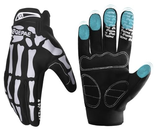 TRIWONDER Guanti Scheletro Touch Screen Riflettenti per Uomo Donna, Guanti Teschio Anti-Scivolo da MTB Bici Vespa Moto Cross Lavoro Halloween (02 Nero - Touchscreen (Luce Bianca Riflettente), S)