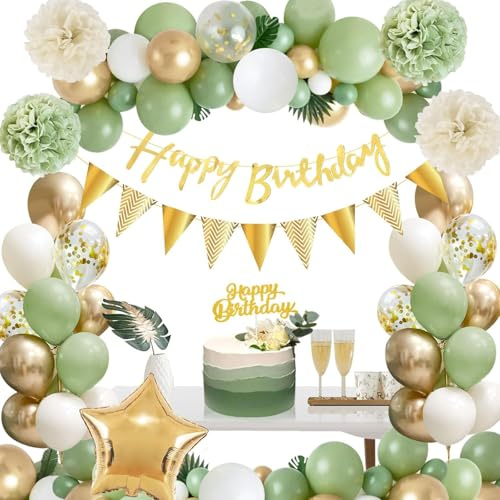 Decoration Anniversaire Vert Or,Déco Anniversaire Filles Garçon avec Ballons Vert Sauge,Ballons Anniversaires Verts Sauge,Joyeux Anniversaires Decoration,Pompons Pour Hommes Femme
