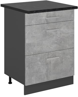 Vicco Mobiletto base per cucina R-Line, Calcestruzzo, 60 cm con cassetti, PL Antracite, per la libera combinazione all'interno di sistemi cucina modulari