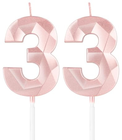Rose Gold 33th Birthday Candles,3D Number 33 Candle for Cake,Women 33th Birthday Decorations,Rose Gold 33 Candle Cake Topper for Girls Women Her Him Birthday Party Wedding Decorations