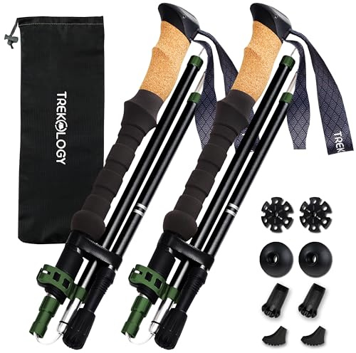 TREKOLOGY Trekking Poles – Collapsible Hiking Poles with Cork Handle - Ultralight Folding Walking Poles for Women & Men, Lightweight Aluminum Hiking Sticks & Walking Sticks (Black with Green)