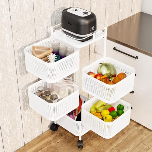 toxaaiwr 5 Tier Kitchen Basket Rack,Vegetable Metal Rotating Rolling Shelf Organizer with 360° Wheels,Storage Trolley,Mesh Fruit Trolley Metal,Storage Utility Cart for Home Office White-5-Layers