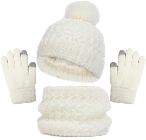2025-Generisch Ensemble de gants et écharpe pour fille en bas âge Chapeaux avec pompon en tricot Cache-cou Guêtres moufles doublées en polaire Ensemble pour tout-petit Bonnet Fille Été, Blanc., 1-6