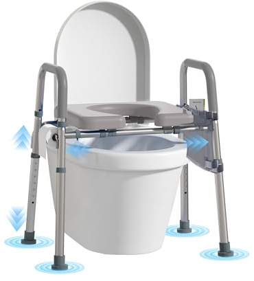 WHLICKS 500lbs Raised Toilet Seat with Handles – Adjustable Width Elevated Seat, Cozy Padded Toilet Seat Risers for Seniors, Handicap & Disabled, Fits All Toilets, Gray