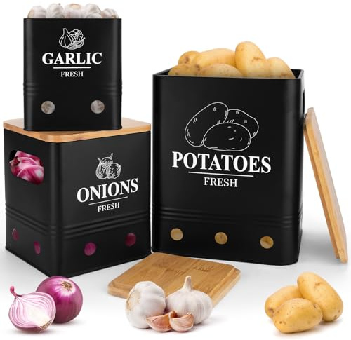 TAVADA Lot de 3 Boite Pomme de Terre,boîtes de rangement pour pommes de terre, oignons et ail avec Couvercle en Bambou – Noir,empilable,ventilation pour fraîcheur,idéal pour cuisine et cellier