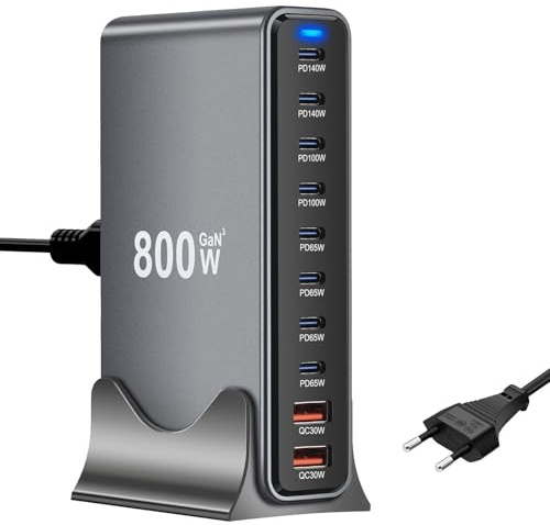 800W Chargeur usb Multiple, 10 Ports Chargeur usb Rapide avec 8 USB-C et 2 USB-A, PD 140W PPS Station de Charge, Chargeurs GaN III Compatible avec Ordinateur Portable/MacBook/iPhone/iPad/Samsung/Pixel