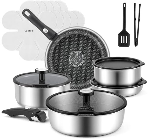 JEETEE Tri-Ply rostfritt stål grytset 18 st, kastrullset non-stick med avtagbart handtag, hybridkrukor set med härdat glasskydd, för husbilar och induktion, diskmaskin och ugnssäkerhet