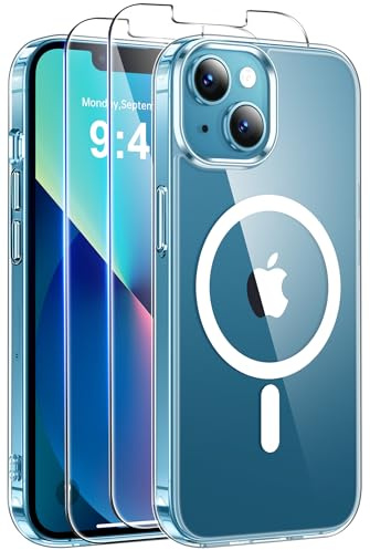 Qasyfanc Funda Magnética para iPhone 13/iPhone 14 Compatible con MagSafe con 2 Piezas Cristal Templado, Protección para cámara Carcasa, Anti-Amarillo Anti-Arañazos Caso, Transparente