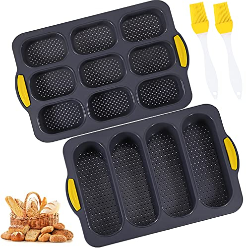 Frasheng Silikonform Brotbackform,2pcs Baguette Backform,Mini Baguette Backblech,4 Wellenschlitze Silikon Baguette Backblech,9Einheiten Brötchen Backform,mit Ölpinsel,Perfekt für Baguette