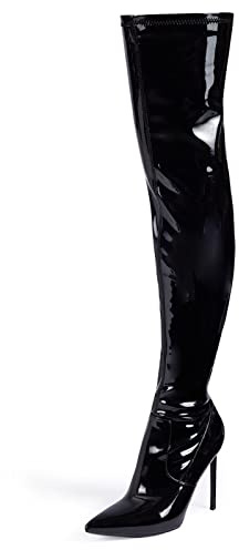 GENSHUO Botas altas hasta el muslo para mujer con tacón de 11 cm de alto, piel de ante sintética, punta sexy, botas largas con tacón de aguja, Charol negro, 36 EU
