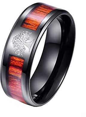 PAMTIER Anillo del Árbol de la Vida para Hombre Acero Inoxidable Fibra de Carbon