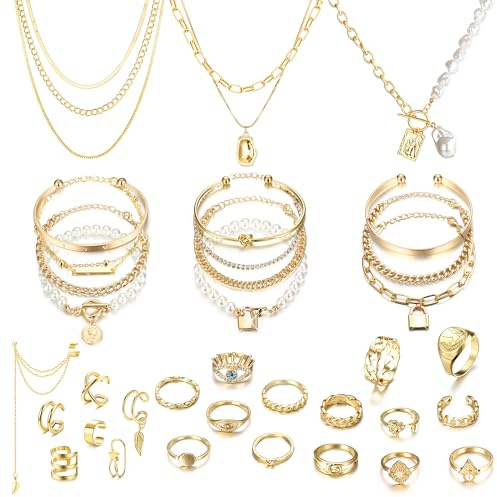 LOLIAS 35 Stück Gold/Silber Schmuckset Mit 3 Stück Anhänger Halskette 11 Stück Geschichtetes Armband 7 Stück Ohrmanschetten Ohrring 14 Stück Knöchelringe Für Damen Mädchen Modeschmuck