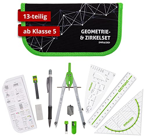DynaTech Zirkel Set Geometrieset 13-Teilig mit Schnellverstellzirkel, Geodreieck, Parabel, Bleistift, Lineal, Spitzer und Ersatzminen im Etui grün - praktisches Mathematik-Set inkl. Federmappe