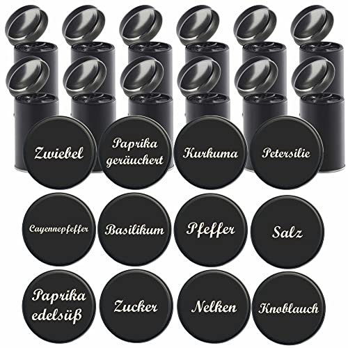 INDIGOS UG - 12 pots à épices de 135 ml - 65 x 56 mm - Boîte - Couvercle imprimé - Set de pots à épices - Conteneur à épices - Avec couvercle et bac à saupoudrer noir