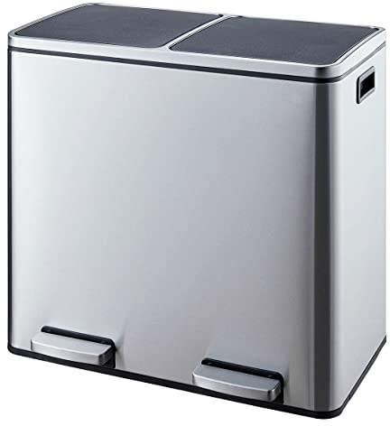 EVRE 60 L Kitchen Waste Rubbish Recycling Soft Close Bin 2 x 30 Litre Double Compartment Separation with Removable Plastic Buckets, Odour Seal, Smudge & Fingerprint Resistant (Silver)