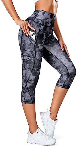 STARBILD Damen Leggings 3/4 mit Taschen, Capri Blickdicht Yogahose High Waist, Sport Hosen Workout Gymnastik, K9900-mit Taschen-Batikdruck L
