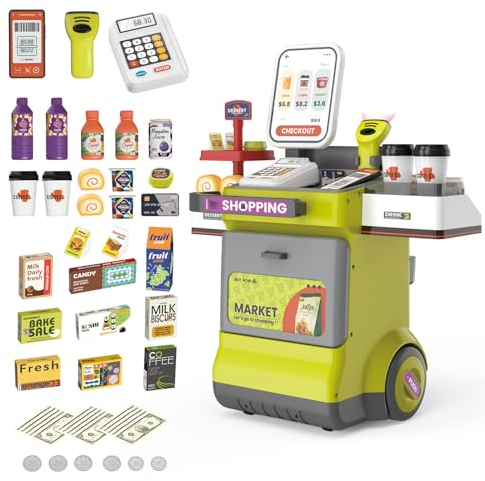 KalaDuck Kinder Supermarkt-Kasse Spielzeug, 48PCS Registrierkasse Wagen mit Scanner, Taschenrechner, Spielgeld und Kaufladen Zubehör, Rollenspiel Einkaufsladen Kinder Geschenk (Grün)