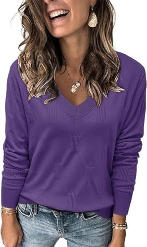 Cuptacc Sweatshirt Damen V Ausschnitt Pullover Jumper Oberteile Casual Langarmshirt Lila, Klein S 36