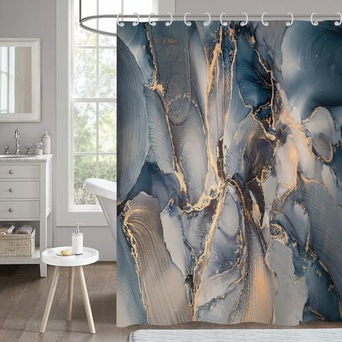 Hnmdmyi Cortina de Baño Mármol 180x180, Abstracta Azul Marino Gris Oro Purpurina Moderna Lujo Ombre Cristal Textura Tinta Arte Impermeable Tejido Poliéster Lavable