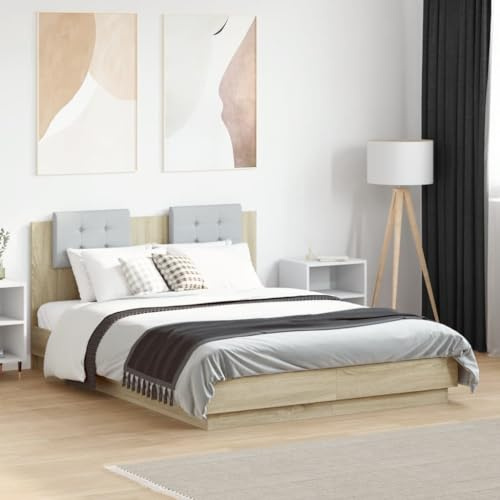 Festnight Marco de Cama 120 x 190 cm con Cabecero Tapizado Cama con Luces LED y Somier Soporte de Láminas de Madera Base De Cama, Estructura Cama Roble Sonoma