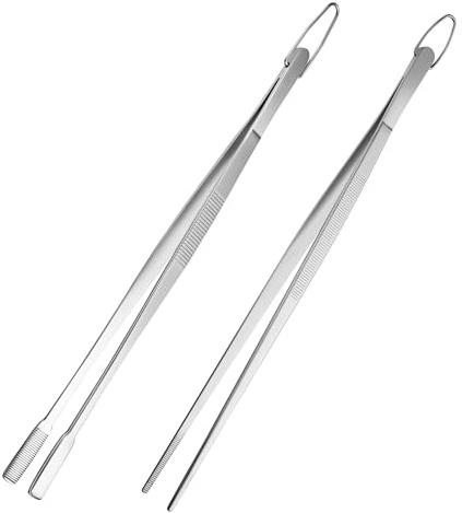 Pinzette da cucina da 30,5 cm, in acciaio inox per uso alimentare, pinzette da cucina per arrostire, grigliare, dessert, barbecue, decorazione di piatti (punta a punta + punta piatta)