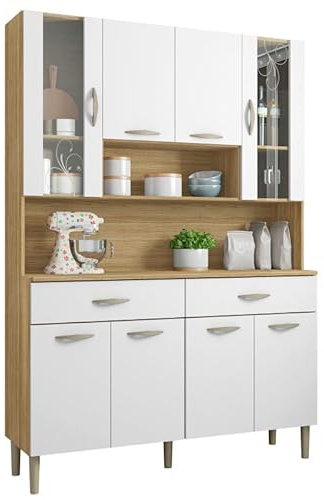 ACTUAL DIFFUSION Buffet de Cuisine 8 Portes 2 Tiroirs Chêne et Blanc L 121.4 H 173.5 P 36.3 cm
