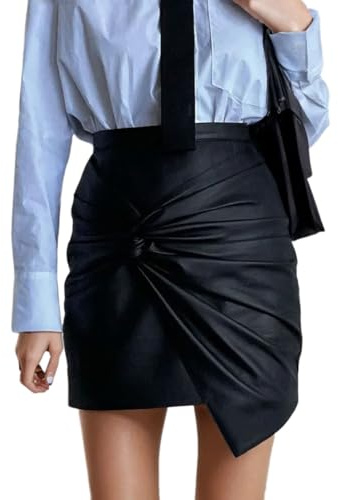 EMOTTOS Donne Gonna Pelle Corta, Avvolgere L'anca Contorto Rughe Gonna a Matita Stretto a Vita Alta, Linea A Casual Zip Ecopelle PU Minigonna Donna, M, Nero